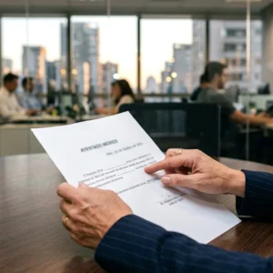 Foto em close das mãos de uma gestora de RH analisando um atestado médico suspeito sobre uma mesa de escritório em São Paulo, avaliando risco de justa causa.