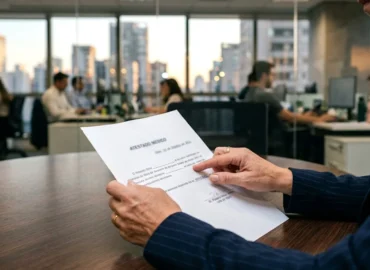 Foto em close das mãos de uma gestora de RH analisando um atestado médico suspeito sobre uma mesa de escritório em São Paulo, avaliando risco de justa causa.