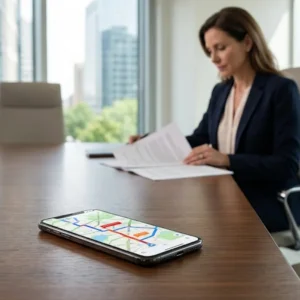 Smartphone sobre mesa de reunião em escritório de advocacia em São Paulo, ilustrando direitos do consumidor sobre atraso no conserto de veículo e fim do carro reserva.
