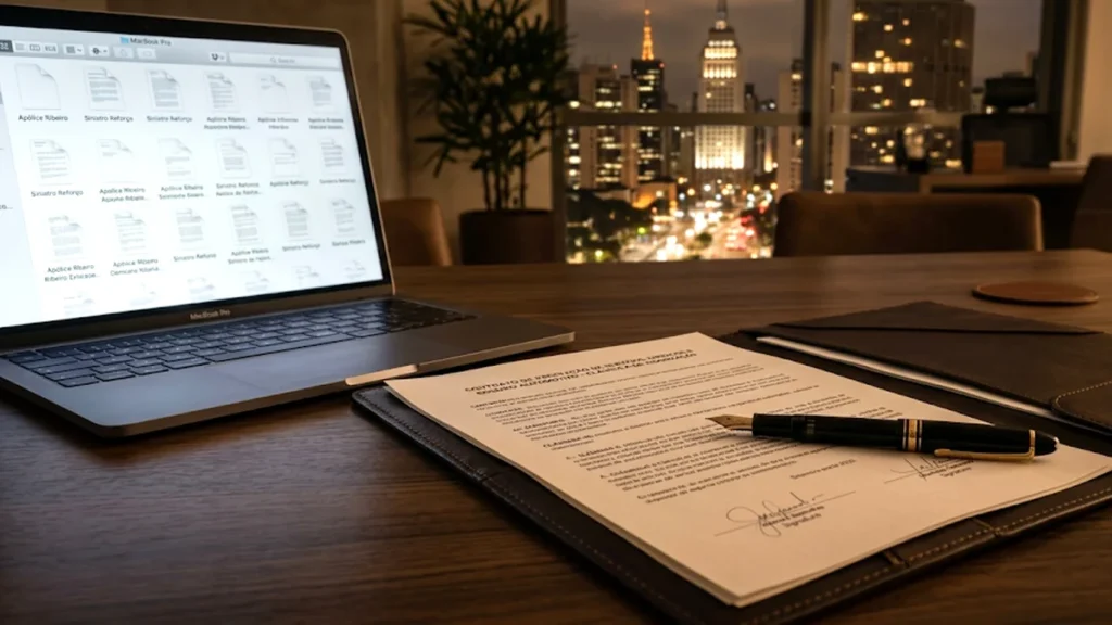 Caneta tinteiro sobre contrato de seguro automotivo aberto em uma mesa de escritório de advocacia em São Paulo.