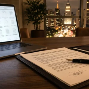 Caneta tinteiro sobre contrato de seguro automotivo aberto em uma mesa de escritório de advocacia em São Paulo.