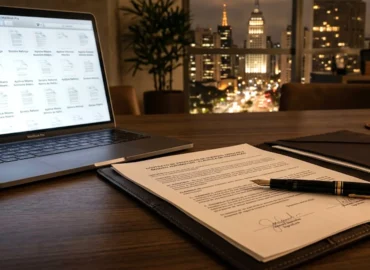 Caneta tinteiro sobre contrato de seguro automotivo aberto em uma mesa de escritório de advocacia em São Paulo.