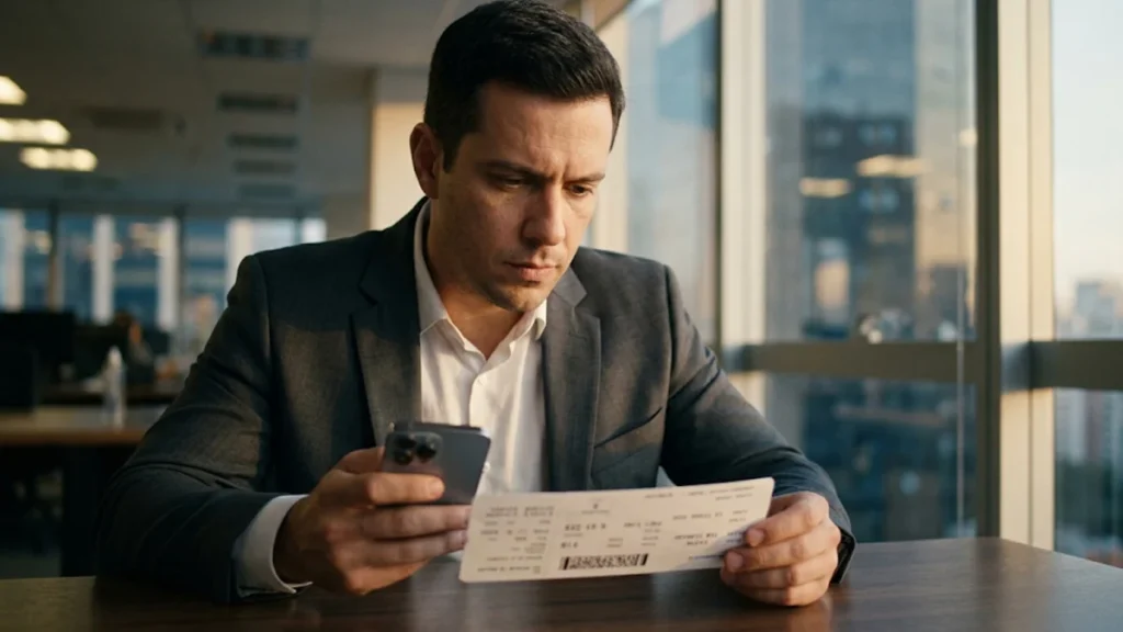 Passageiro analisando passagem aérea impressa sobre mesa de escritório para verificar erro no nome e evitar taxas cobradas por companhias aéreas.