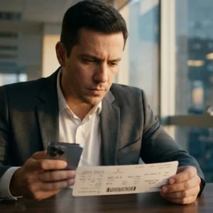 Passageiro analisando passagem aérea impressa sobre mesa de escritório para verificar erro no nome e evitar taxas cobradas por companhias aéreas.