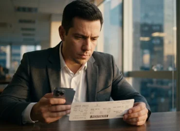 Passageiro analisando passagem aérea impressa sobre mesa de escritório para verificar erro no nome e evitar taxas cobradas por companhias aéreas.
