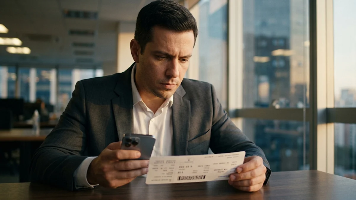 Passageiro analisando passagem aérea impressa sobre mesa de escritório para verificar erro no nome e evitar taxas cobradas por companhias aéreas.