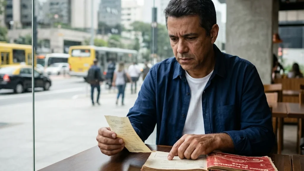 Homem preocupado em café de São Paulo analisando recibo amassado e manual de carro usado, simbolizando a dúvida sobre direitos em venda sem contrato.