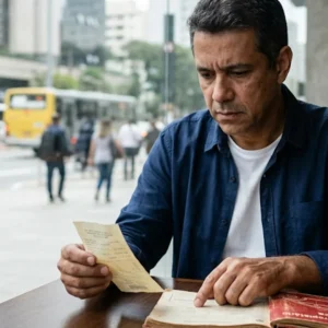 Homem preocupado em café de São Paulo analisando recibo amassado e manual de carro usado, simbolizando a dúvida sobre direitos em venda sem contrato.