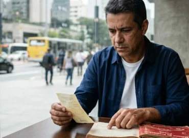 Homem preocupado em café de São Paulo analisando recibo amassado e manual de carro usado, simbolizando a dúvida sobre direitos em venda sem contrato.