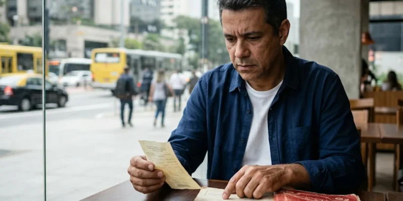 Homem preocupado em café de São Paulo analisando recibo amassado e manual de carro usado, simbolizando a dúvida sobre direitos em venda sem contrato.