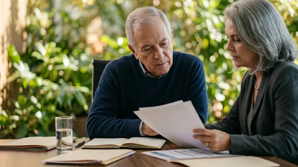 Reunião profissional em escritório analisando documentos médicos e relatórios de direito do trabalho sobre mesa de madeira escura.