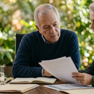Reunião profissional em escritório analisando documentos médicos e relatórios de direito do trabalho sobre mesa de madeira escura.