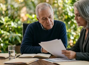Reunião profissional em escritório analisando documentos médicos e relatórios de direito do trabalho sobre mesa de madeira escura.