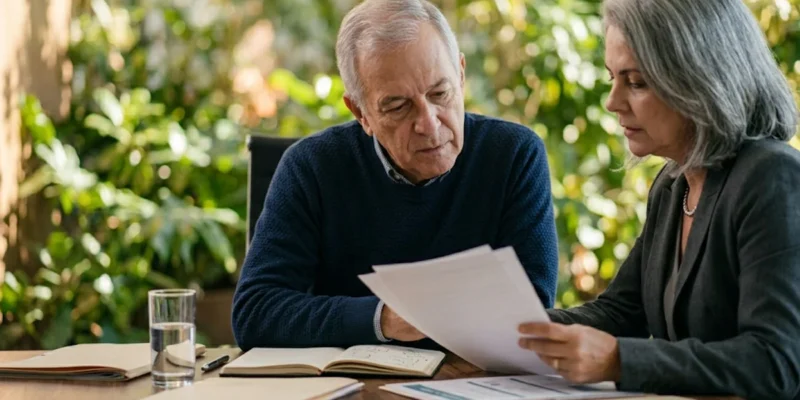 Reunião profissional em escritório analisando documentos médicos e relatórios de direito do trabalho sobre mesa de madeira escura.