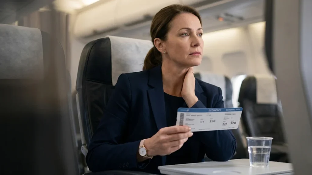 Mulher de negócios sofisticada segurando bilhete da classe econômica com expressão frustrada após sofrer downgrade forçado em voo de longa distância saindo de São Paulo.