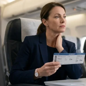 Mulher de negócios sofisticada segurando bilhete da classe econômica com expressão frustrada após sofrer downgrade forçado em voo de longa distância saindo de São Paulo.