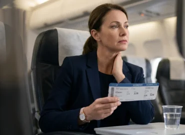 Mulher de negócios sofisticada segurando bilhete da classe econômica com expressão frustrada após sofrer downgrade forçado em voo de longa distância saindo de São Paulo.