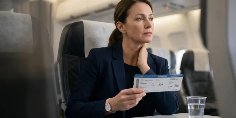 Mulher de negócios sofisticada segurando bilhete da classe econômica com expressão frustrada após sofrer downgrade forçado em voo de longa distância saindo de São Paulo.