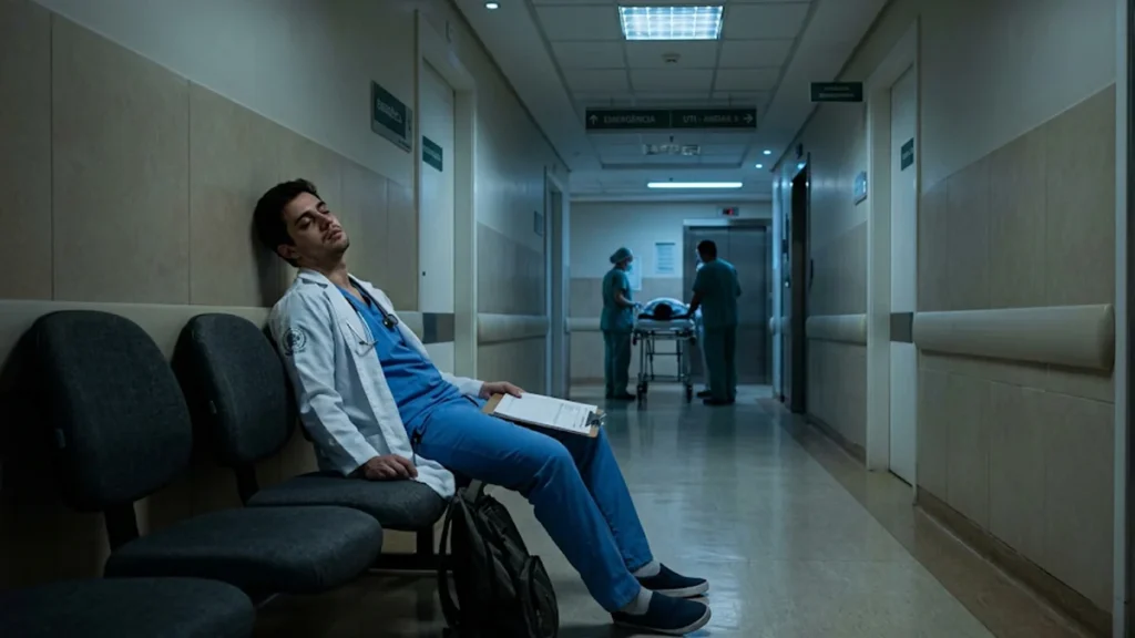 Médico residente exausto sentado em corredor de hospital em São Paulo durante a madrugada, ilustrando fadiga que pode levar a erro médico e responsabilidade hospitalar.