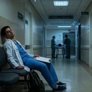 Médico residente exausto sentado em corredor de hospital em São Paulo durante a madrugada, ilustrando fadiga que pode levar a erro médico e responsabilidade hospitalar.