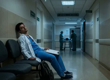 Médico residente exausto sentado em corredor de hospital em São Paulo durante a madrugada, ilustrando fadiga que pode levar a erro médico e responsabilidade hospitalar.