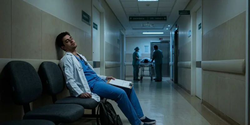 Médico residente exausto sentado em corredor de hospital em São Paulo durante a madrugada, ilustrando fadiga que pode levar a erro médico e responsabilidade hospitalar.