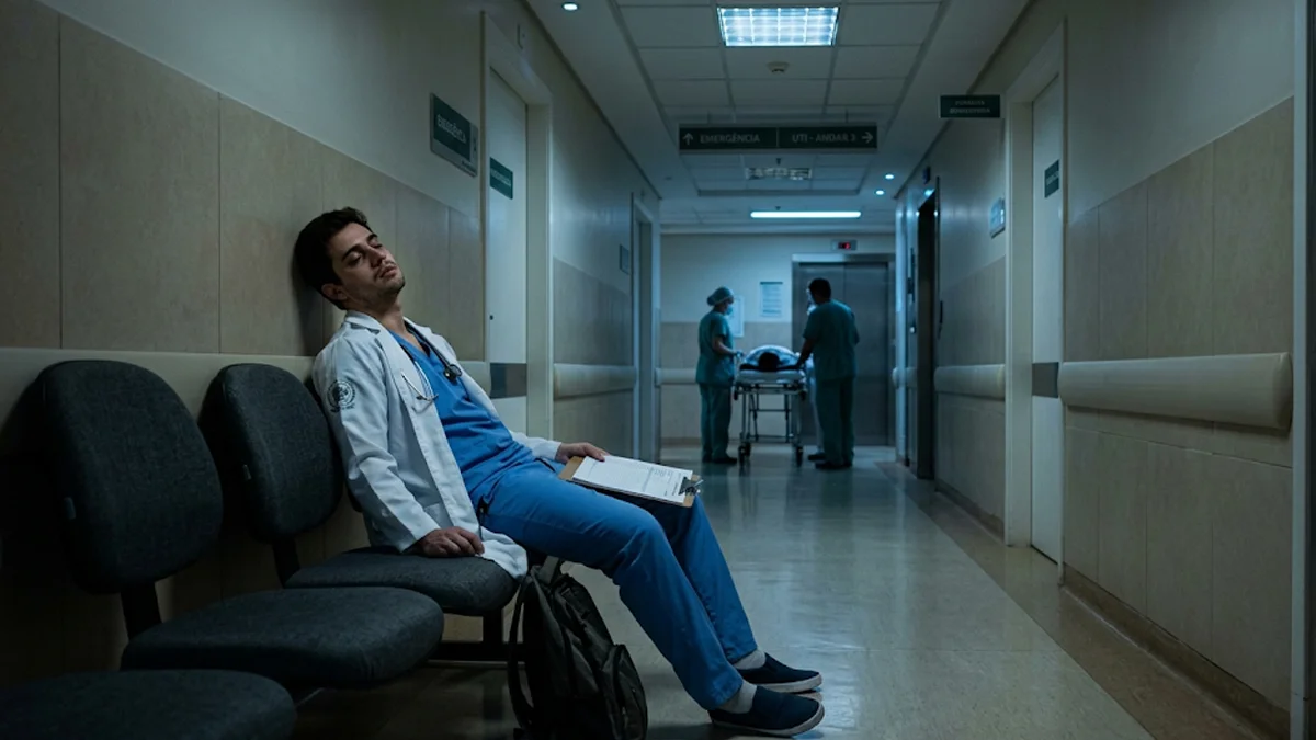 Médico residente exausto sentado em corredor de hospital em São Paulo durante a madrugada, ilustrando fadiga que pode levar a erro médico e responsabilidade hospitalar.