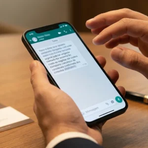 Close-up de mãos segurando smartphone com mensagem de WhatsApp de golpe do falso advogado, em sala de reunião corporativa na Grande São Paulo