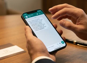 Close-up de mãos segurando smartphone com mensagem de WhatsApp de golpe do falso advogado, em sala de reunião corporativa na Grande São Paulo