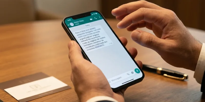 Close-up de mãos segurando smartphone com mensagem de WhatsApp de golpe do falso advogado, em sala de reunião corporativa na Grande São Paulo
