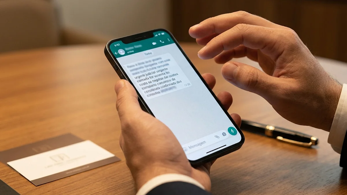 Close-up de mãos segurando smartphone com mensagem de WhatsApp de golpe do falso advogado, em sala de reunião corporativa na Grande São Paulo