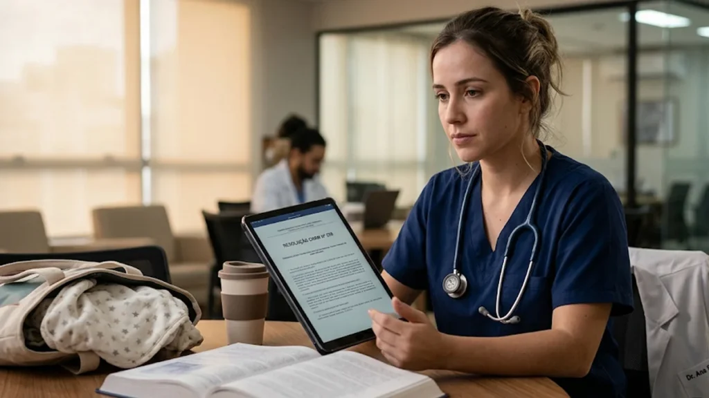 Uma médica residente em São Paulo olha pensativa para um tablet em uma sala de descanso de hospital, com uma manta de bebê sutilmente visível em sua bolsa.