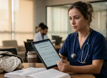 Uma médica residente em São Paulo olha pensativa para um tablet em uma sala de descanso de hospital, com uma manta de bebê sutilmente visível em sua bolsa.
