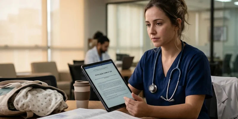 Uma médica residente em São Paulo olha pensativa para um tablet em uma sala de descanso de hospital, com uma manta de bebê sutilmente visível em sua bolsa.
