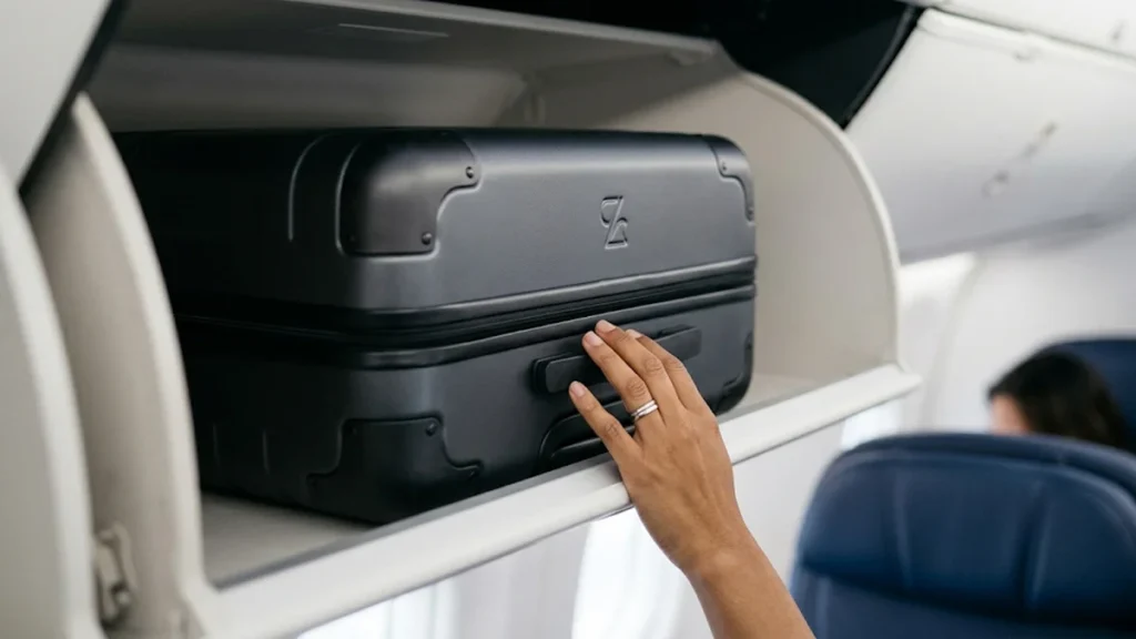 Detalhe de mala de mão em compartimento superior de avião, simbolizando direitos do passageiro.