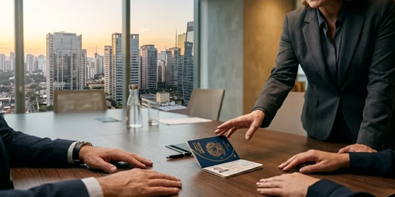 Reunião jurídica em São Paulo para tratar de mudança de país com filho em guarda compartilhada, com passaporte brasileiro sobre a mesa