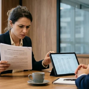 Mulher estressada revisando contrato de buffet e extrato bancário em escritório em São Paulo.