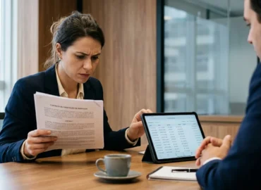 Mulher estressada revisando contrato de buffet e extrato bancário em escritório em São Paulo.