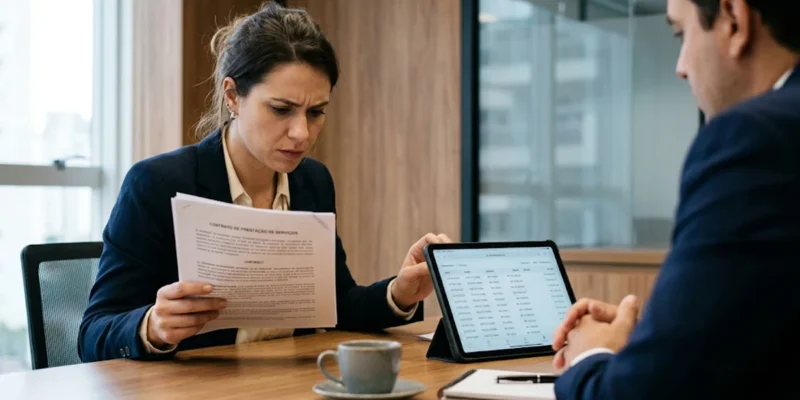 Mulher estressada revisando contrato de buffet e extrato bancário em escritório em São Paulo.