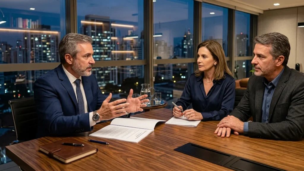 Advogado especialista em sucessões em São Paulo explicando cláusula de incomunicabilidade em testamento para casal de clientes em escritório corporativo moderno.
