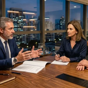Advogado especialista em sucessões em São Paulo explicando cláusula de incomunicabilidade em testamento para casal de clientes em escritório corporativo moderno.