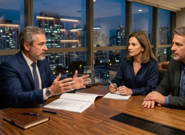 Advogado especialista em sucessões em São Paulo explicando cláusula de incomunicabilidade em testamento para casal de clientes em escritório corporativo moderno.