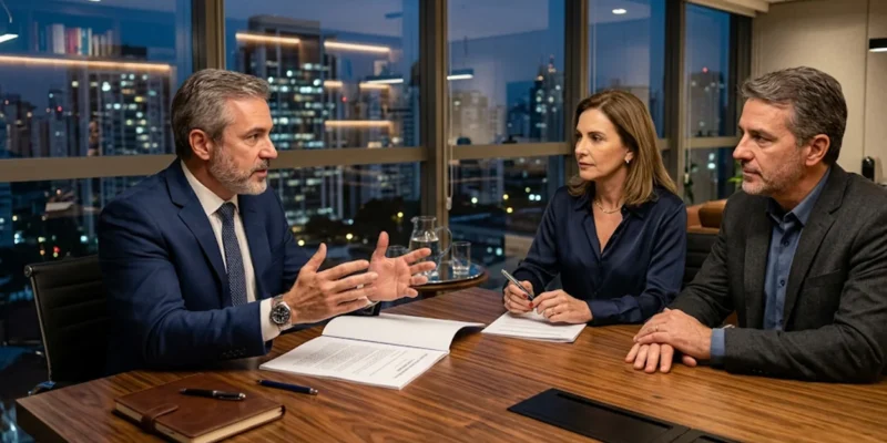 Advogado especialista em sucessões em São Paulo explicando cláusula de incomunicabilidade em testamento para casal de clientes em escritório corporativo moderno.