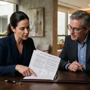 Advogado orientando clientes sobre o processo legal e contratos para a venda de um imóvel que está financiado.