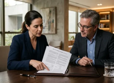 Advogado orientando clientes sobre o processo legal e contratos para a venda de um imóvel que está financiado.
