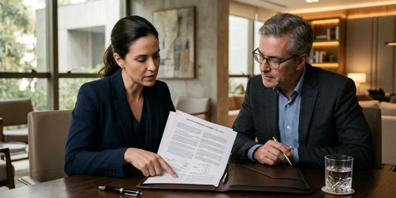 Advogado orientando clientes sobre o processo legal e contratos para a venda de um imóvel que está financiado.