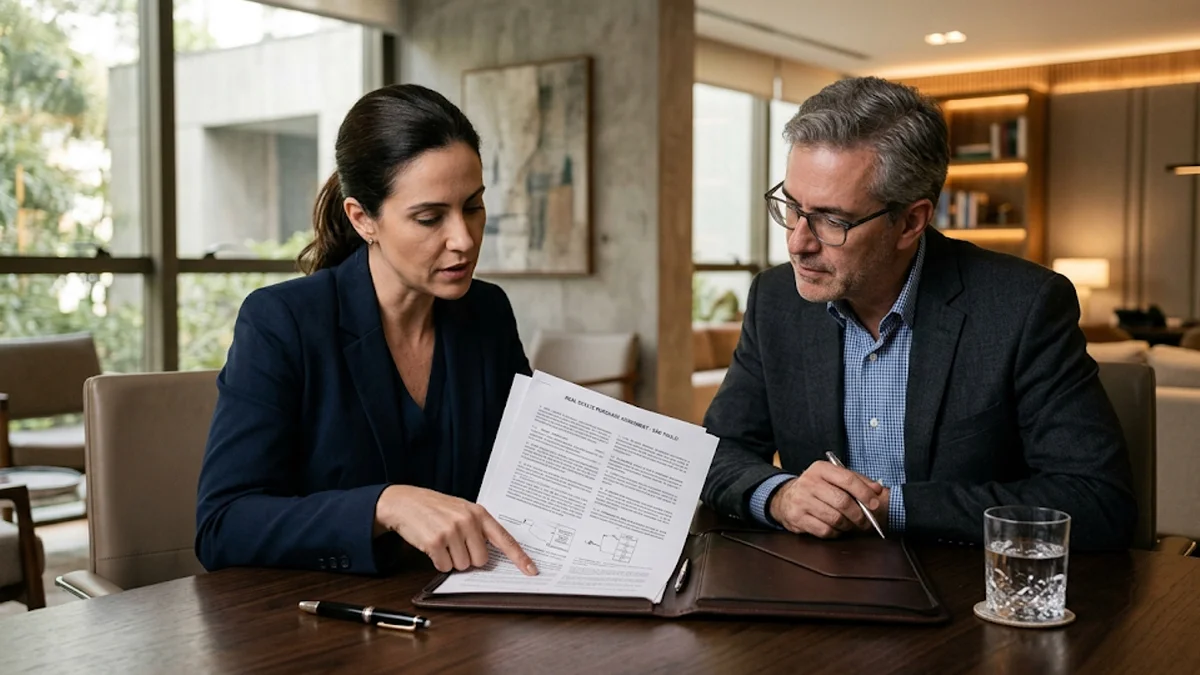 Advogado orientando clientes sobre o processo legal e contratos para a venda de um imóvel que está financiado.