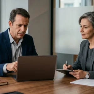 Advogado especialista orientando empresário sobre a responsabilidade jurídica quando golpistas usam o nome da empresa em fraudes digitais.