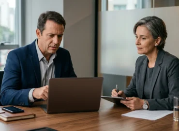Advogado especialista orientando empresário sobre a responsabilidade jurídica quando golpistas usam o nome da empresa em fraudes digitais.