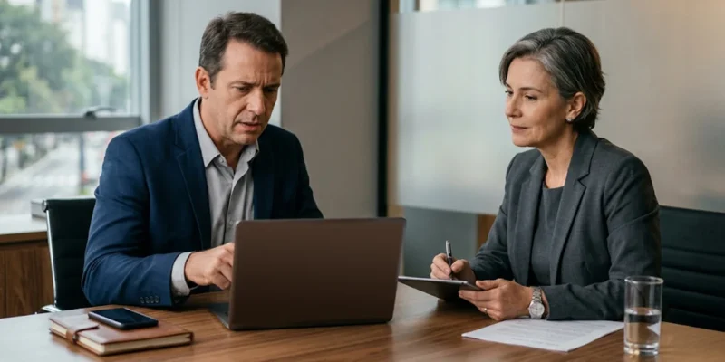 Advogado especialista orientando empresário sobre a responsabilidade jurídica quando golpistas usam o nome da empresa em fraudes digitais.